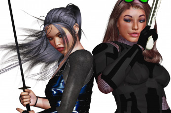 Картинка 3д+графика фантазия+ fantasy девушки взгляд фон оружие