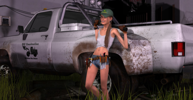 Обои картинки фото автомобили, 3d car&girl, автомобиль, фон, взгляд, девушка