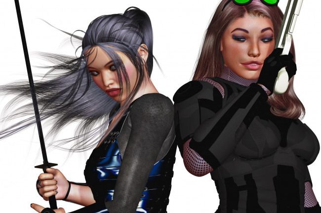 Обои картинки фото 3д графика, фантазия , fantasy, девушки, взгляд, фон, оружие