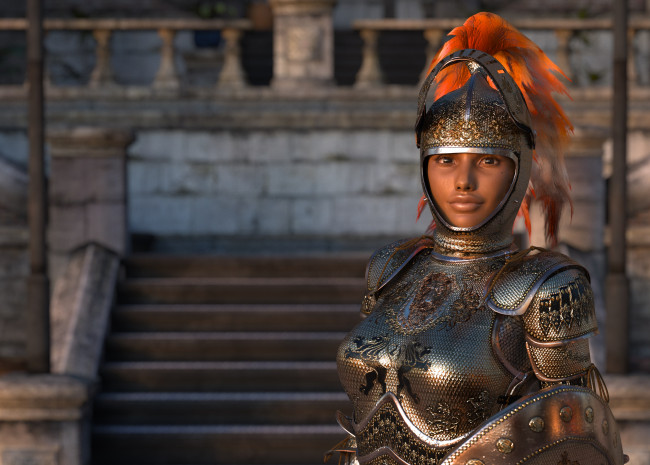 Обои картинки фото 3д графика, амазонки , amazon, девушка, фон, взгляд, доспехи