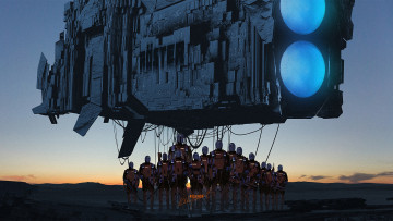 Картинка фэнтези роботы +киборги +механизмы арт фантастика планета закат корабль