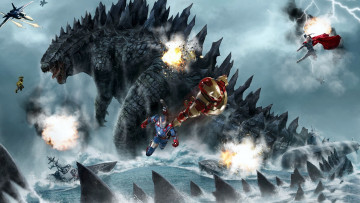 Картинка godzilla+vs+avengers фэнтези фотоарт godzilla vs avengers