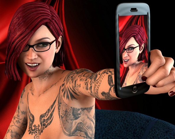 Обои картинки фото 3д графика, люди , people, рыжая, грудь, взгляд, фон, девушка, тату