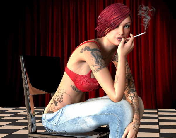 Обои картинки фото 3д графика, люди , people, тату, рыжая, грудь, взгляд, фон, девушка