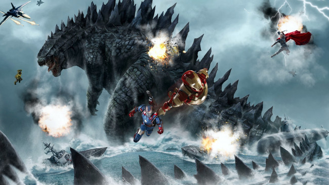 Обои картинки фото godzilla vs avengers, фэнтези, фотоарт, godzilla, vs, avengers