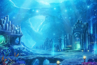 Картинка аниме город +улицы +интерьер +здания под водой