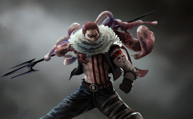 Обои картинки фото аниме, one piece, evil, strong, man, tatoo, by, xraypr, weapon, kaizoku, manga, charlotte, katakuri, powerful, one, piece, anime, pirate, akuma, no, mi, game