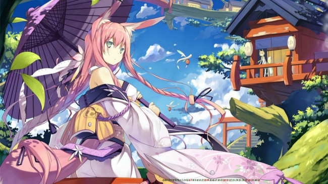 Обои картинки фото календари, аниме, девушка, существо, зонт