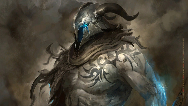 Обои картинки фото календари, видеоигры, шлем, тату, рога