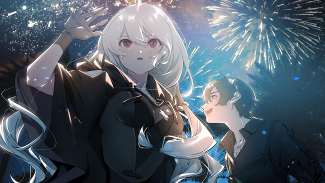 Обои картинки фото аниме, unknown,  другое , девушки, фейерверк