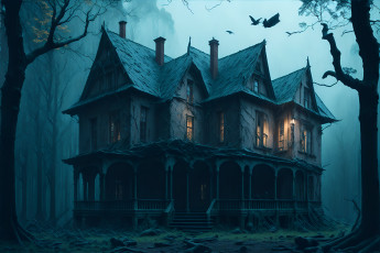 Картинка фэнтези другое дом лес свет