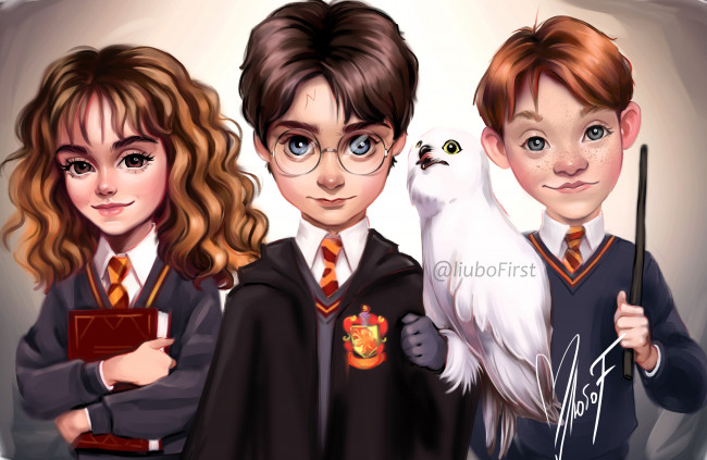 Обои картинки фото рисованное, кино,  мультфильмы, гарри, поттер, гермиона, грейнджер, рон, уизли, сова