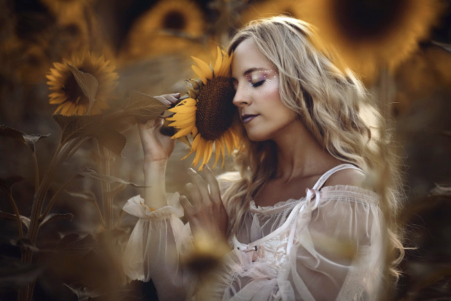 Обои картинки фото девушки, - блондинки,  светловолосые, блондинка, макияж, подсолнух