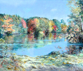 обоя рисованное, frederick childe hassam, деревья, лес, осень, озеро, берега