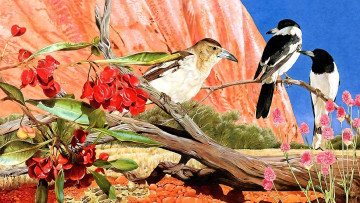 обоя 295662, рисованное, животные,  птицы, ветка, птицы