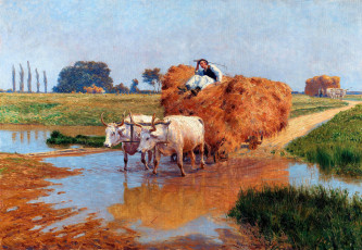 обоя рисованное, живопись, волы, крестьянин, телега, сено, речка, поля, деревья, дорога