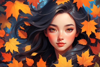 обоя рисованное, люди, девушка, лицо, осень, листья