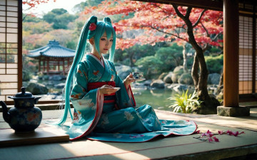 обоя vocaloid, 3д графика, аниме , anime, девушка, голубые, волосы, кимоно, двор, сад, осень, дома, здания, чай