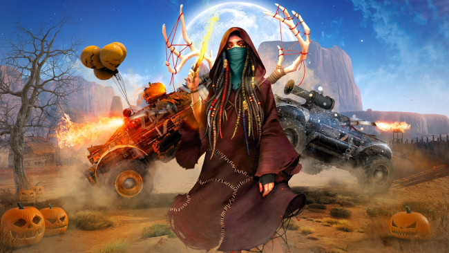 Обои картинки фото видео игры, crossout, женщина, рога, шарики, машины, тыквы, скалы