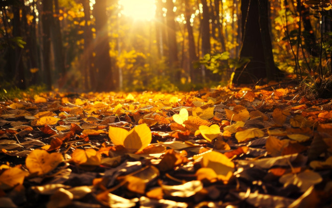 Обои картинки фото природа, лес, деревья, лучи, листья, осень