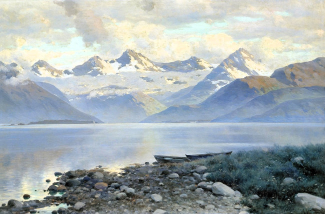 Обои картинки фото рисованное, константин крыжицкий, тучи, горы, озеро, лодки, берег, трава, камни