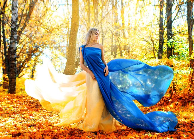 Обои картинки фото девушки, - блондинки,  светловолосые, блондинка, платье, шлейф, лес, листья, осень, деревья