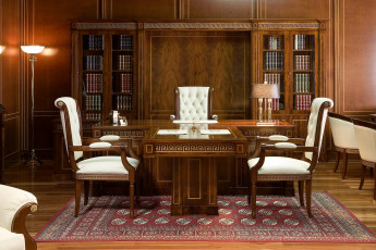 Картинка интерьер кабинет библиотека офис книги стол кресла шкаф