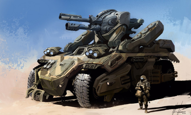 Обои картинки фото фэнтези, иные, миры, времена, солдат, колеса, боевая, машина, пушка