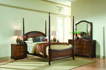 Картинка интерьер спальня кровать тумбочки подушки