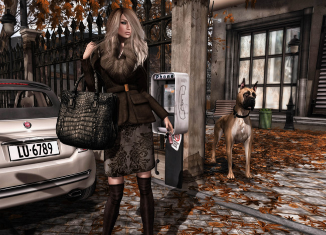 Обои картинки фото 3д, графика, people, люди, телефон, улица, сумка, девушка, собака, дог