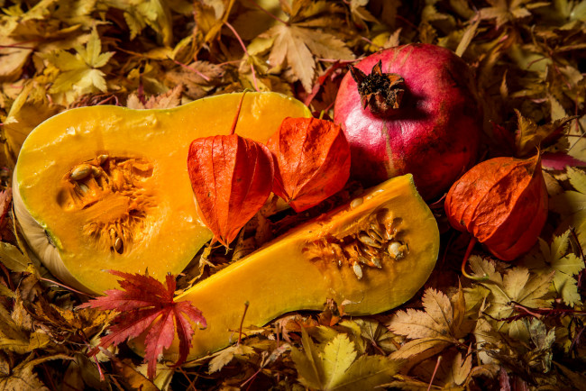 Обои картинки фото еда, фрукты, овощи, вместе, гранат, тыква, физалис