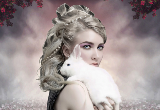 Обои картинки фото разное, компьютерный, дизайн, девушка, кролик