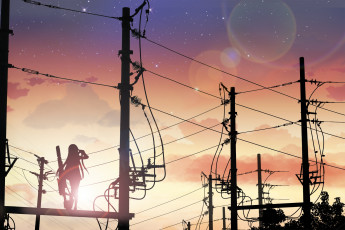 Картинка аниме оружие +техника +технологии dk senie небо девушка электричество столбы арт силуэт вечер