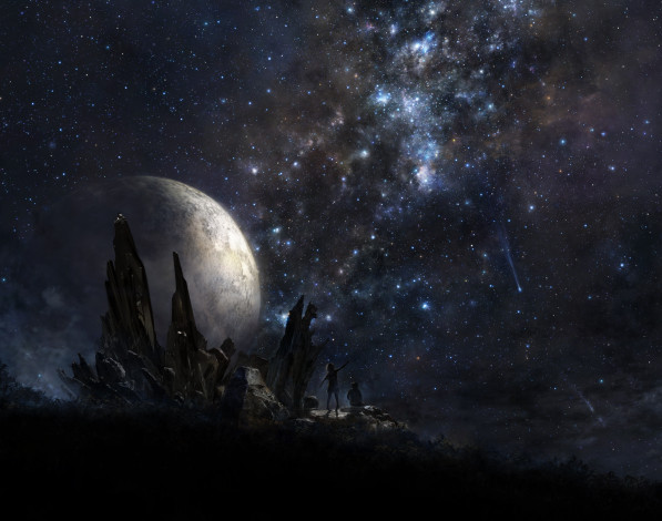 Обои картинки фото аниме, unknown,  другое, камни, дети, звёздное, небо, арт, ночь, iy, tujiki