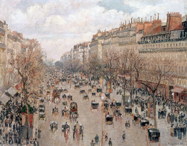 Обои картинки фото pissarro camille - boulevard monmartre in paris, рисованное, живопись, деревья, кареты, люди, здания, дома, город, улица, франция, париж, монмартр, бульвар, камиль, писсарро