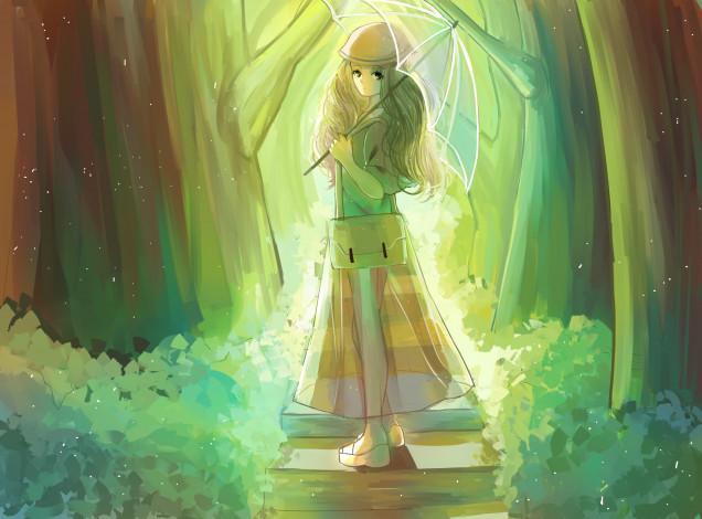 Обои картинки фото аниме, unknown,  другое, лес, девушка, арт, weitu, лестница, зонт