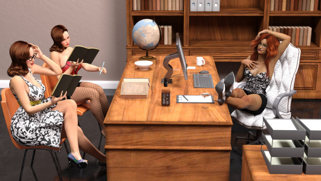 Обои картинки фото 3д графика, люди , people, девушки, стол, фон, взгляд, офис