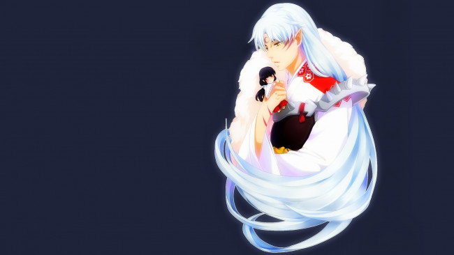 Обои картинки фото аниме, inuyasha, сешимару, кикио, кукла, инуяша, арт, фон, грусть