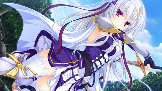 Обои картинки фото аниме, оружие,  техника,  технологии, взгляд, onose, mana, justy, x, nasty, одежда, меч, улыбка, девушка, mikagami, mamizu, art