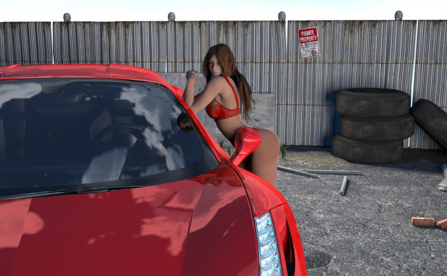 Обои картинки фото автомобили, 3d car&girl, фон, взгляд, девушка, автомобиль