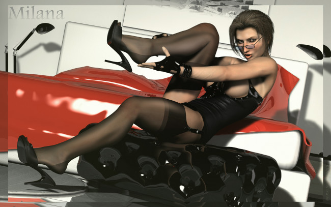 Обои картинки фото 3д графика, люди , people, девушка, фон, взгляд, очки, имя, корсет, чулки