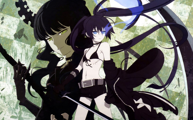 Обои картинки фото аниме, black rock shooter, kuroi, mato, девушка, оружие, арт, takanashi, yomi, black, rock, shooter