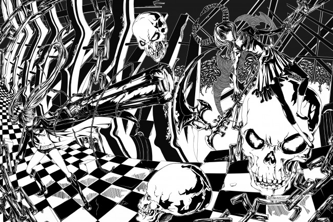 Обои картинки фото аниме, black rock shooter, оружие, todee, takanashi, yomi, череп, девушка, арт, kuroi, mato, black, rock, shooter