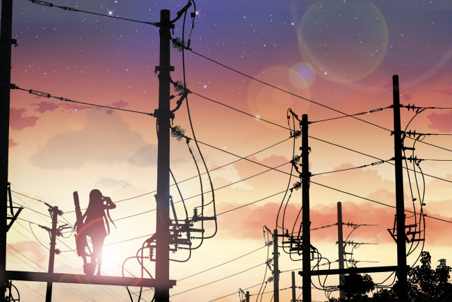 Обои картинки фото аниме, оружие,  техника,  технологии, dk, senie, небо, девушка, электричество, столбы, арт, силуэт, вечер