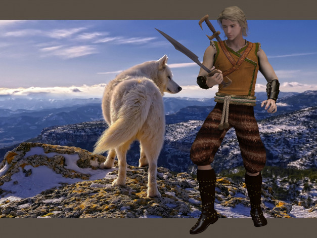 Обои картинки фото 3д графика, люди и животные , people and animals, взгляд, мужчина, фон, волк