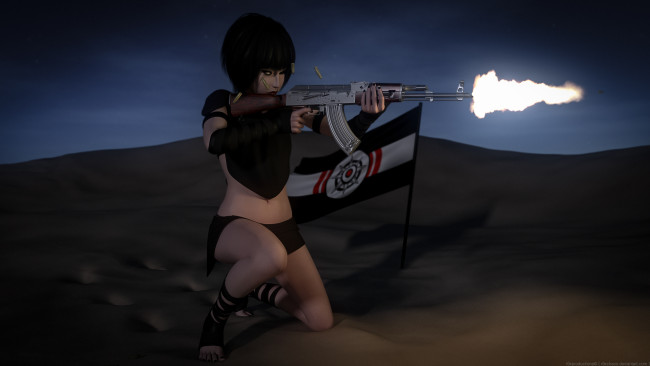 Обои картинки фото 3д графика, фантазия , fantasy, девушка, взгляд, фон, оружие