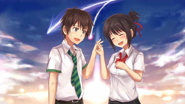 Обои картинки фото аниме, kimi no na wa, парень, девушка, фон, взгляд