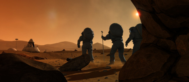 Обои картинки фото 3д графика, атмосфера, настроение , atmosphere ,  mood , поверхность, космонавты, планета