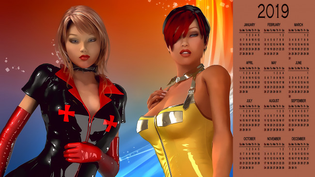 Обои картинки фото календари, 3д-графика, секси, двое, взгляд, девушка