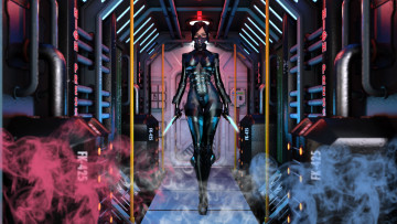 Картинка 3д+графика фантазия+ fantasy дым маска униформа взгляд фон девушка